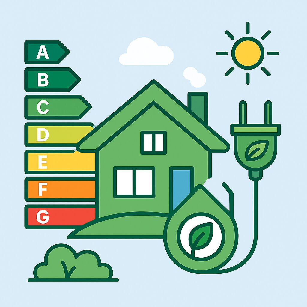 Vektorigrafiikka vihreästä talosta, energialuokkataulukosta ja sähköpistokkeesta, jotka symboloivat energiatehokkuutta ja ympäristöystävällisyyttä. Vektorigrafiikka vihreästä talosta, energialuokkataulukosta ja sähköpistokkeesta, jotka symboloivat energiatehokkuutta ja ympäristöystävällisyyttä.