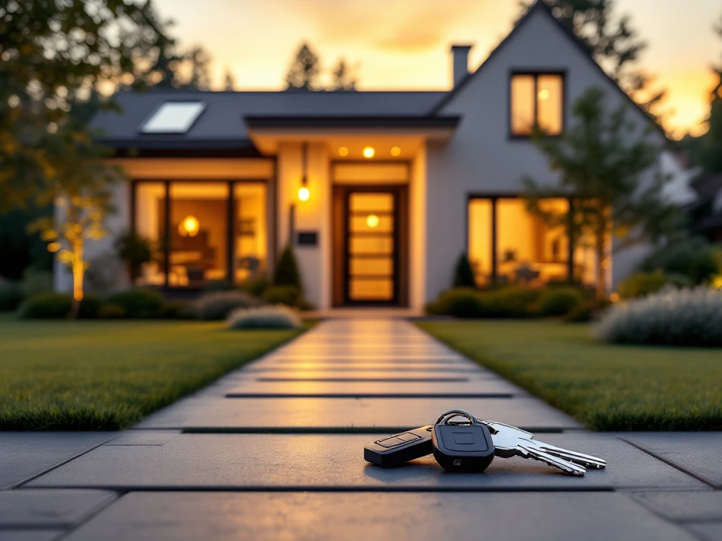 Moderni skandinaavinen omakotitalo kultaisessa valossa, suuret ikkunat, hoidettu piha ja avaimet etualalla – täydellinen ensiasunto avaimet käteen