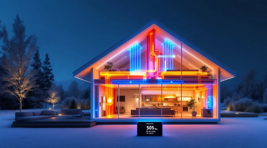 Energiatehokas suomalainen koti, jossa lämmön talteenottojärjestelmä näkyy sinisenä. Poikkileikkaus näyttää lämmönsiirron ja energiansäästöt digitaalinäytöllä.
