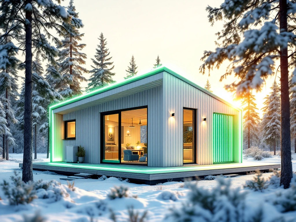 Energiatehokas A-luokan pientalo skandinaavisella suunnittelulla, suurilla ikkunoilla ja maalämpöpumpulla suomalaisessa mäntymetsämaisemassa.