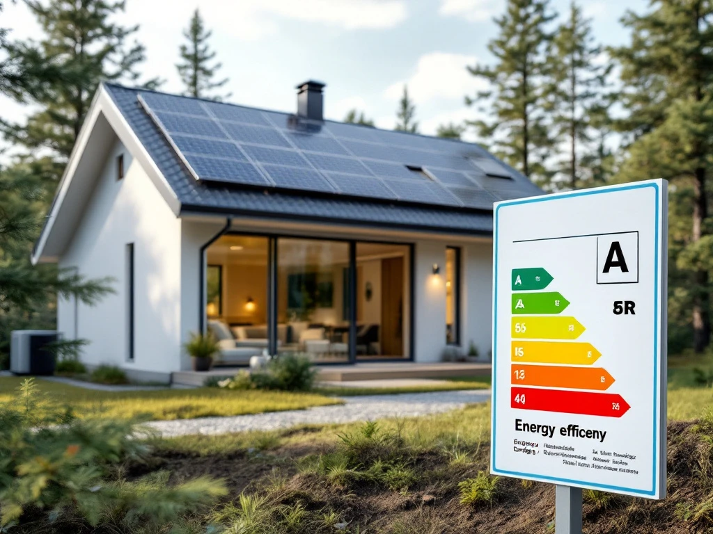 Energiatehokas A-luokan pientalo skandinaavisella suunnittelulla, aurinkopaneeleilla ja maalämpöpumpulla suomalaisessa mäntymetsämaisemassa.