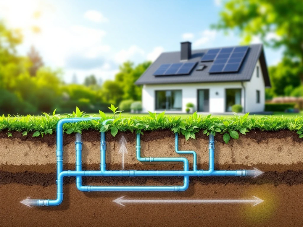 Moderni energiatehokas talo, jossa aurinkopaneelit ja poikkileikkaus maalämpöpumppujärjestelmästä. Sinivihreät energiavirrat kuvaavat kestävää energiansiirtoa.