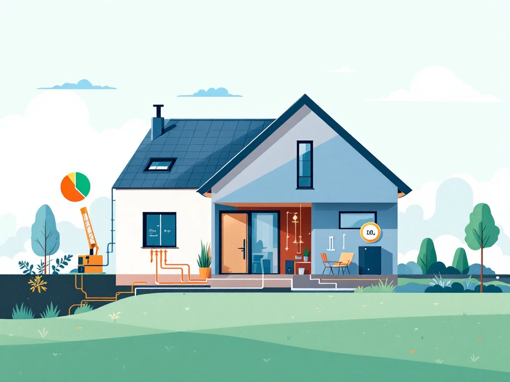 Energiatehokas skandinaavisen tyylin pientalo, jossa näkyvä maalämpöpumppu. Tontilla porauskalustoa ja infografiikka energiavirrasta sekä ylläpitokustannusmittari.