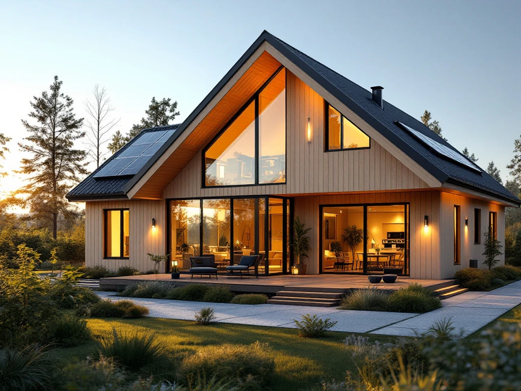 Moderni skandinaavinen koti auringonlaskussa, jossa aurinkopaneelit, maalämpöpumppu ja suomalainen pihapiiri. Puuarkkitehtuuri korostaa energiatehokkuutta.