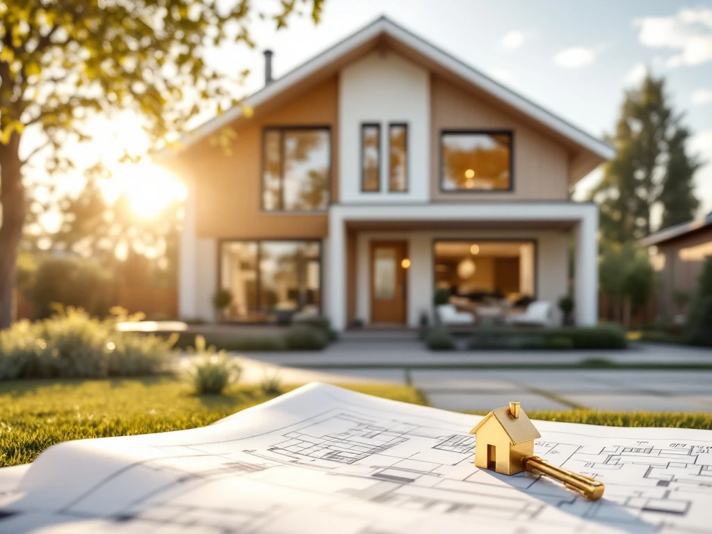 Moderni skandinaavinen koti vaalean julkisivun ja suurten ikkunoiden kanssa. Etualalla taloavain lepää pohjapiirustuksilla, taustalla kutsuva piha ja kivetetty polku.