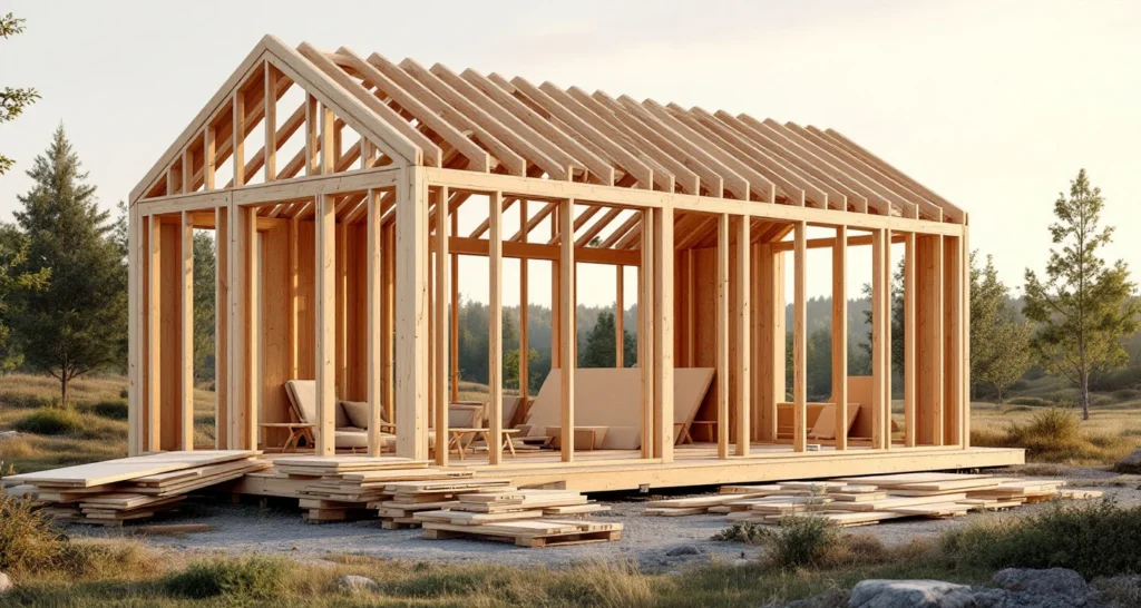 Rakenteilla oleva moderni pientalo puukehikolla, suurilla ikkunoilla ja laadukkaan rakennustyön yksityiskohdilla. Taustalla skandinaavinen maisema iltavalaistuksessa.