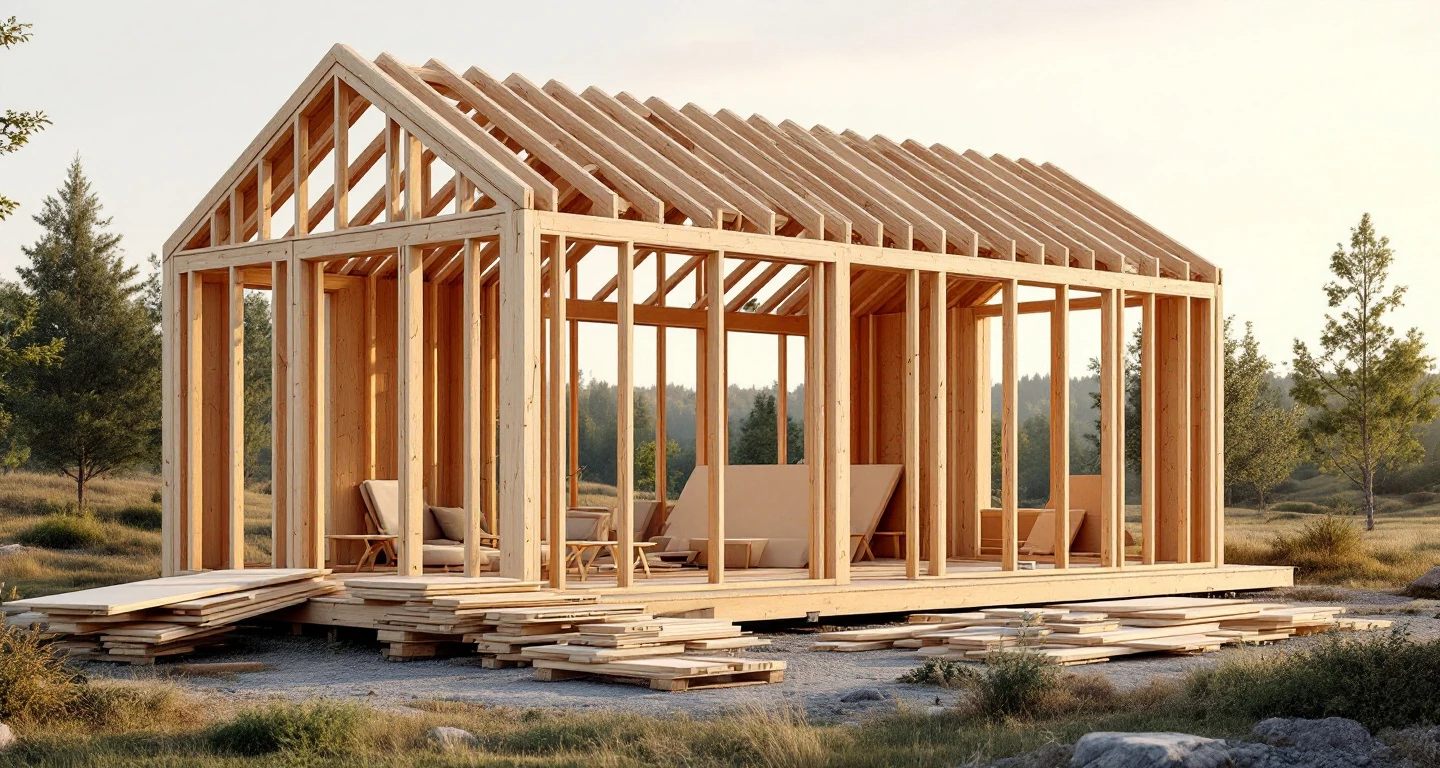 Rakenteilla oleva moderni pientalo puukehikolla, suurilla ikkunoilla ja laadukkaan rakennustyön yksityiskohdilla. Taustalla skandinaavinen maisema iltavalaistuksessa.