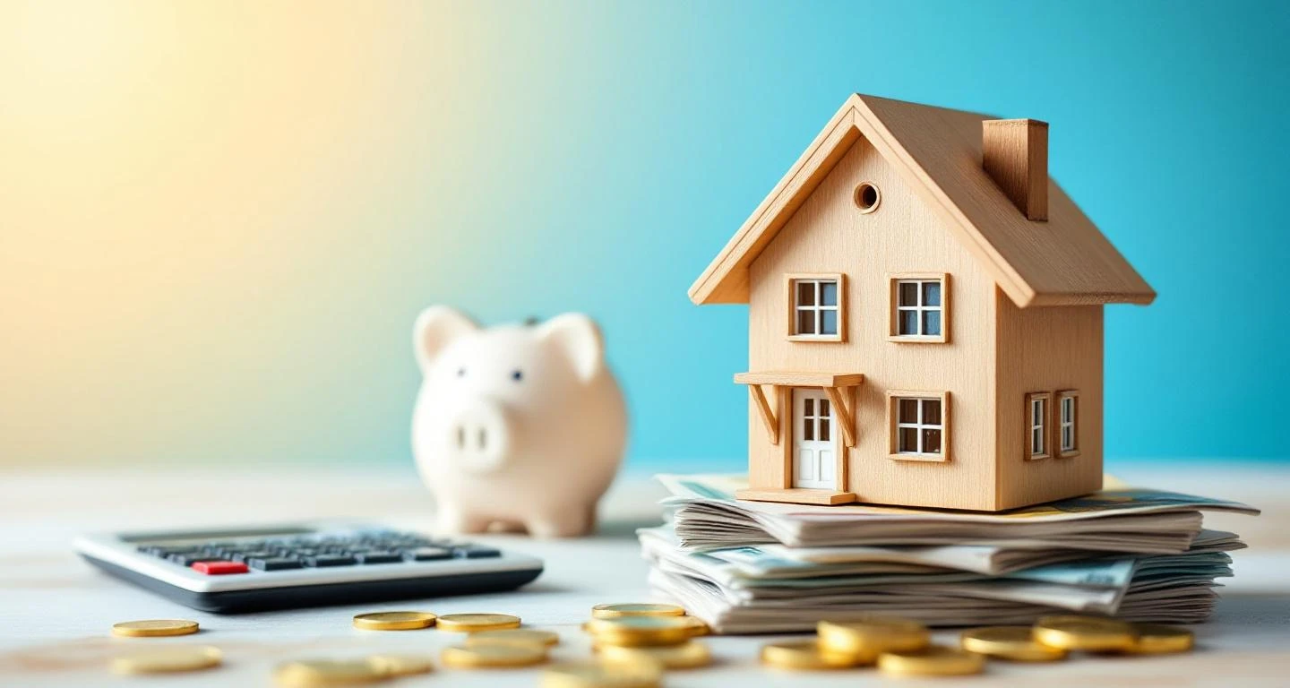 Puinen talomallin seteleiden ja kolikoiden päällä, taustalla laskimen ja säästöpossu