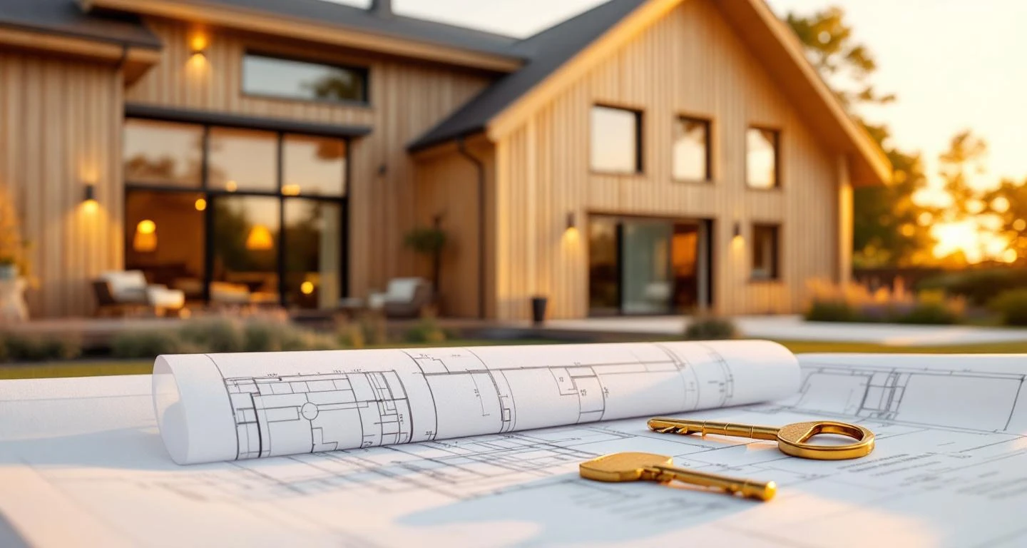 Moderni skandinaavinen puutalo kultaisessa illonvalossa, edustalla kulta-avain ja arkkitehtipiirustukset