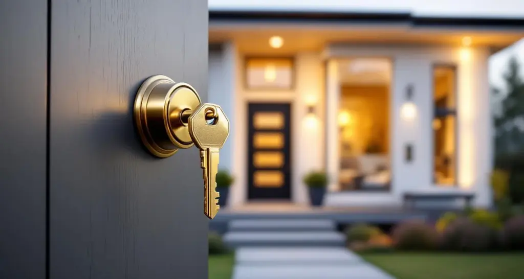 Kultainen avain skandinaavistyylisen talon ovessa, valmiit turnkey-kodit muuttovalmiina