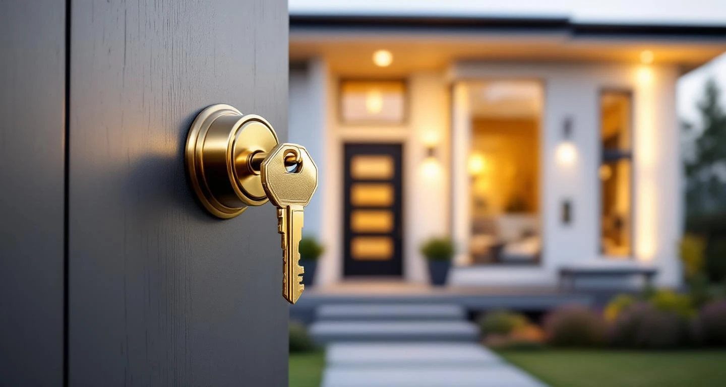 Kultainen avain skandinaavistyylisen talon ovessa, valmiit turnkey-kodit muuttovalmiina