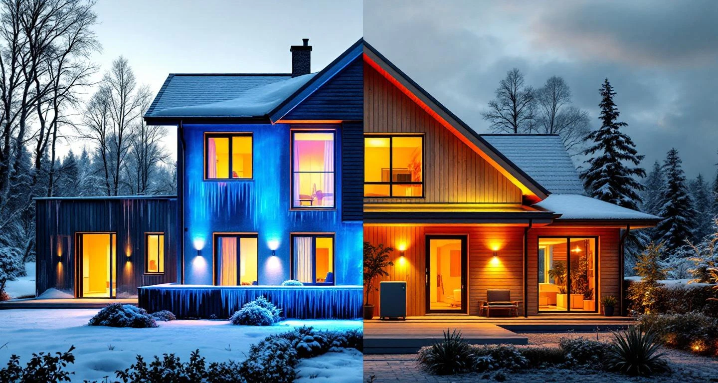 Vertailukuva huonosti ja hyvin eristetystä talosta: vasemmalla lämpövuodot sinisellä, oikealla energiatehokas puutalo lämpimissä sävyissä.