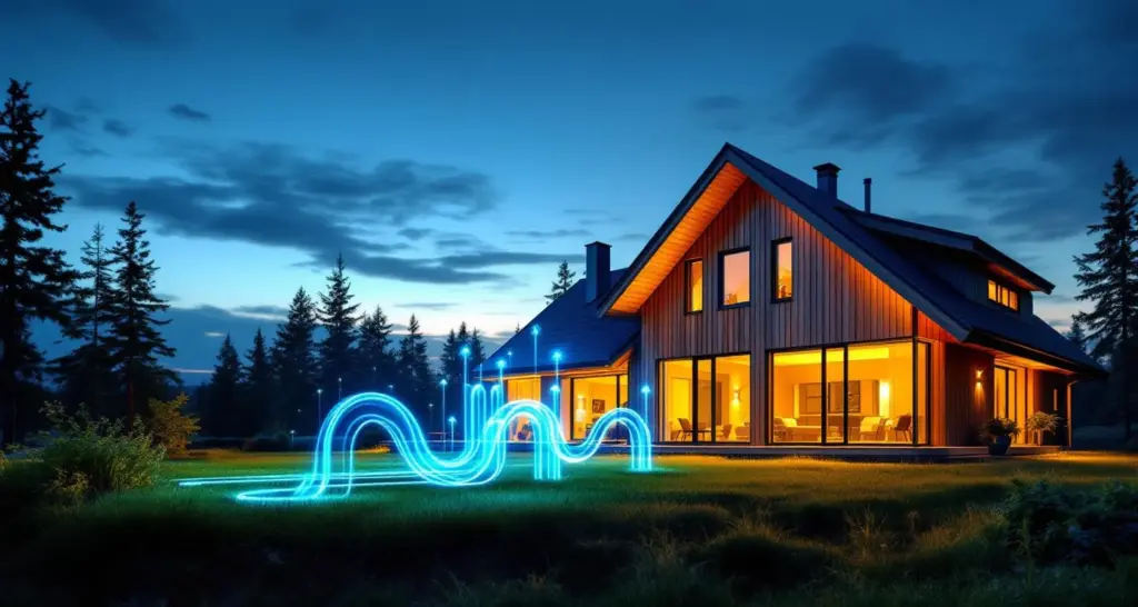 Moderni puutalo hämärässä, lämpöpumppuputket nurmikolla, energiatehokas valmistalo mäntymetsän reunassa