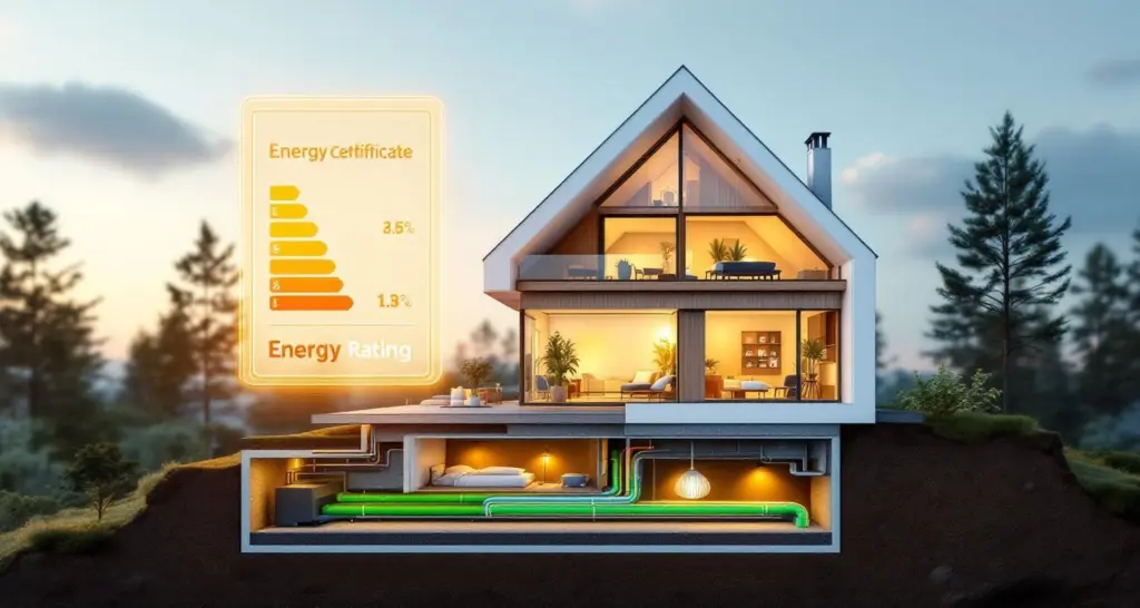 Energiatodistussymboli pohjoismaisen talon poikkileikkauksen edessä, jossa näkyy eristys ja maalämpöputket.