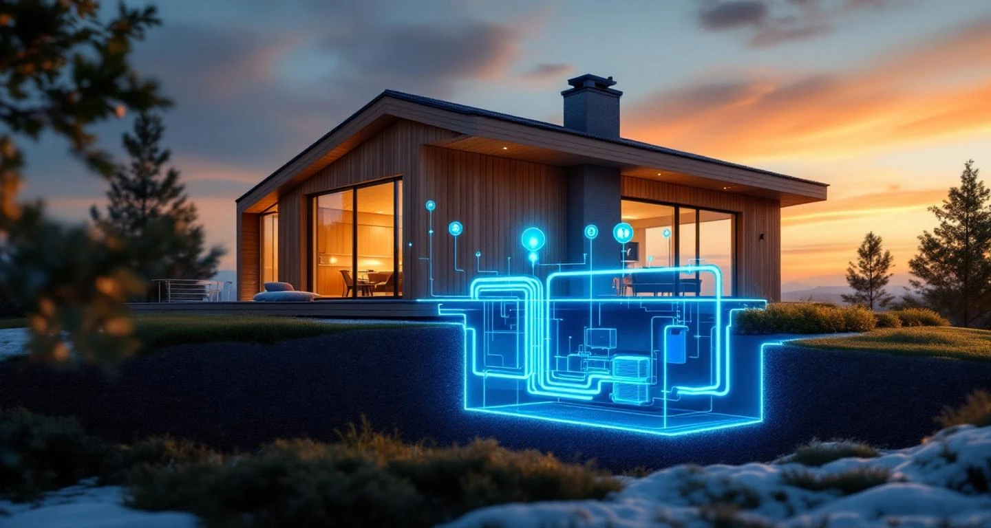 Pohjoismainen puutalo kultaisella tunnilla, poikkileikkauksessa näkyvä maalämpöpumppujärjestelmä sinisine energiaviivoineen