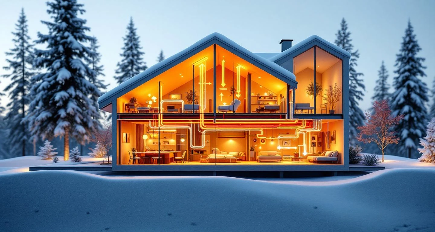 Poikkileikkauskuva pohjoismaisesta talosta lämmöntalteenottoilmanvaihdon energiavirtoineen talvisessa metsämaisemassa