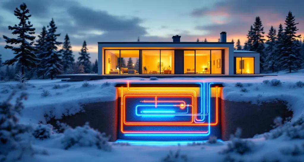 Moderni omakotitalo hämärässä, maanalainen maalämpöjärjestelmä näkyvillä poikkileikkauksessa, energiatehokkuus visualisoituna