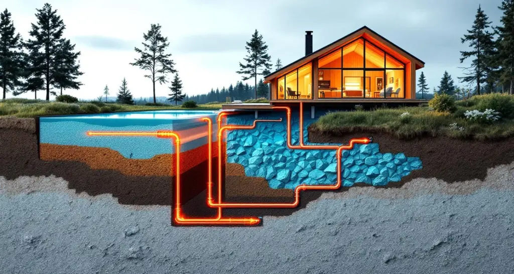 Poikkileikkauskuva maalämpöpumpusta pohjoismaisessa puutalossa, kupariputket ja energiavirta maasta kotiin
---
**Metadata Analysis**
- Length: 111 merkkiä (符合要求