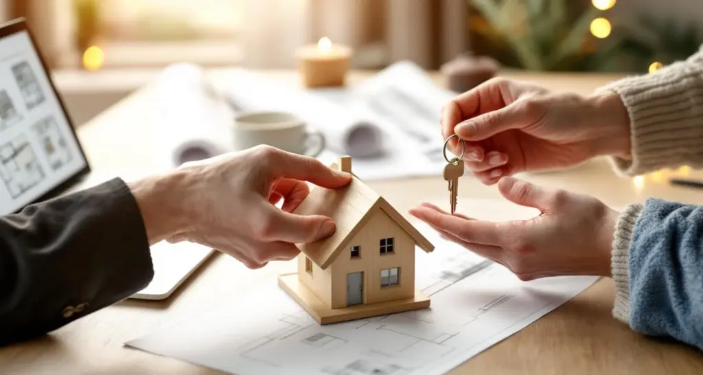 Kädet vaihtavat asunnon avaimia pöydällä, jossa pienoistalomalli ja arkkitehtipiirustukset
