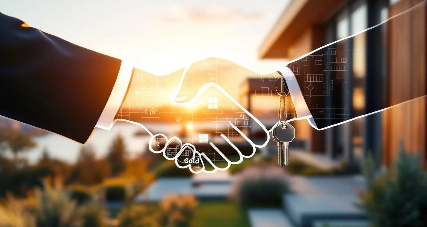 Moderni suomalainen puutalo Turussa, kädenpuristus ja avaimet, kiinteistökauppa onnistunut