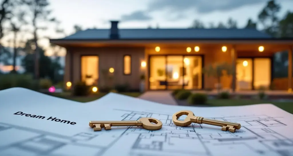 Kultainen avain arkkitehtipiirustusten päällä, taustalla moderni puinen pohjoismainen talo kultaisessa illonvalossa.