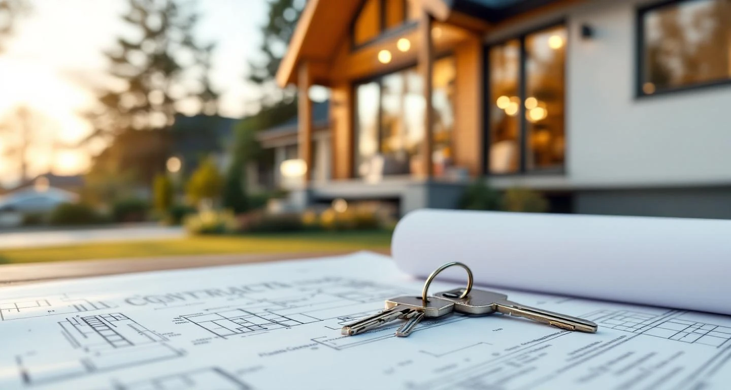 Talon avaimet arkkitehtipiirustusten ja sopimuksen päällä, taustalla moderni skandinaavinen puutalo kultaisessa illonvalossa.
